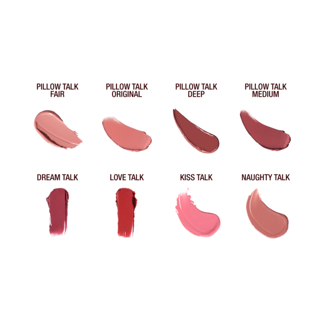 Swatches on fair and deep skin models showing Pillow Talk Love Effect Lipsticks and the original Pillow Talk Lipstick shades. Swatches on fair and deep skin models showing Pillow Talk Love Effect Lipsticks and the original Pillow Talk Lipstick shades.