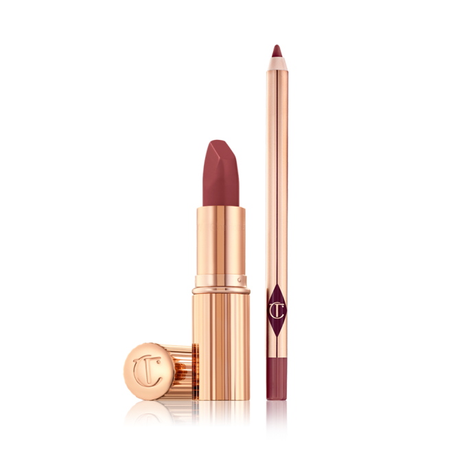 An open red lipstick with a matte finish in golden-coloured tube with a lip liner pencil in a matching shade.