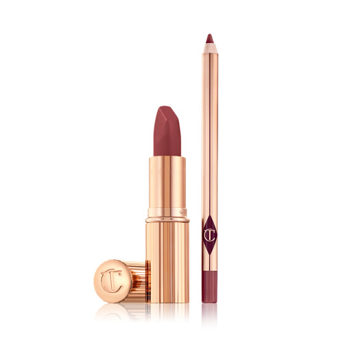 An open red lipstick with a matte finish in golden-coloured tube with a lip liner pencil in a matching shade.