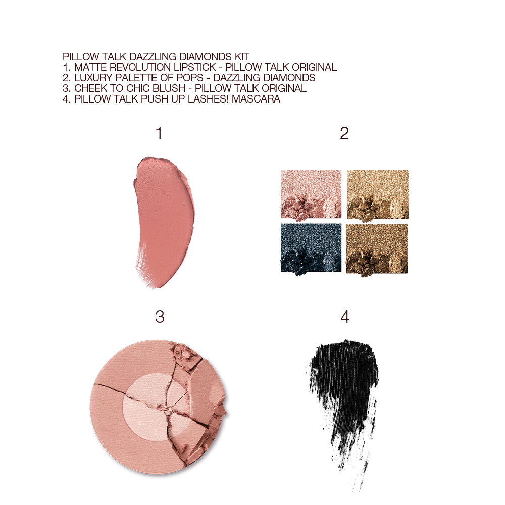 Swatches of nude pink matte lipstick, four shimmery eyeshadows in shades of teal, rose gold, bronze, and dark brown, black mascara, and two-tone blush compact in rose gold and champagne.