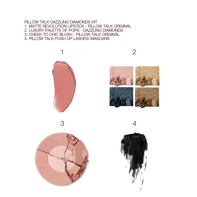 Swatches of nude pink matte lipstick, four shimmery eyeshadows in shades of teal, rose gold, bronze, and dark brown, black mascara, and two-tone blush compact in rose gold and champagne.