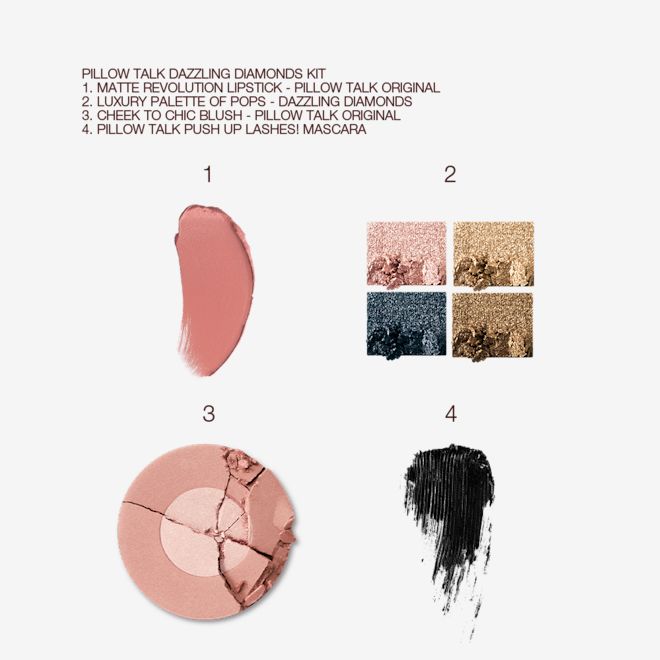 Pillow Talk Dazzling Diamonds Kit swatches Swatches of nude pink matte lipstick, four shimmery eyeshadows in shades of teal, rose gold, bronze, and dark brown, black mascara, and two-tone blush compact in rose gold and champagne.