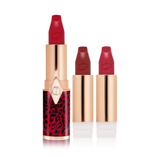 Hot Lips 2 Berry Red Lip kit open A true red matte lipstick in a golden and red tube with a leopard print with two lipstick refills in berry-rose and brownish plum.