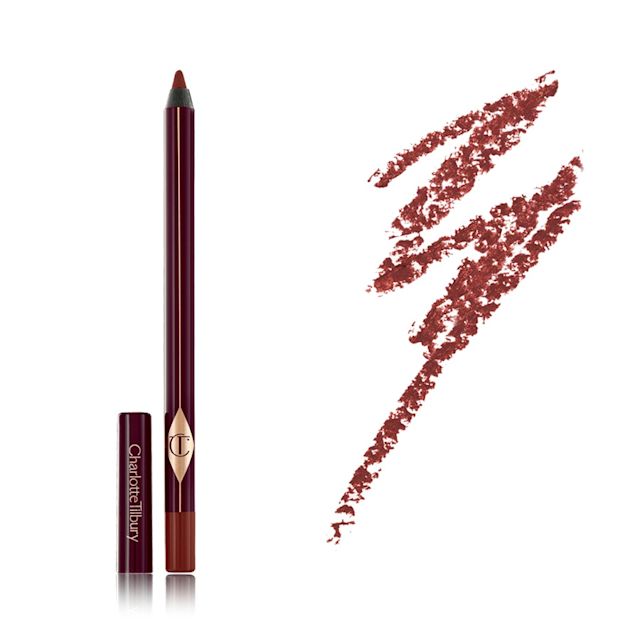 An open eyeliner pencil is a copper-russet shade with its lid next to it, and a close-up swatch. 