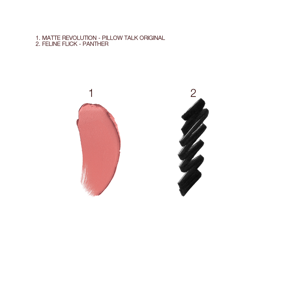 Swatches of a nude-pink matte lipstick and a jet-black matte eyeliner. 