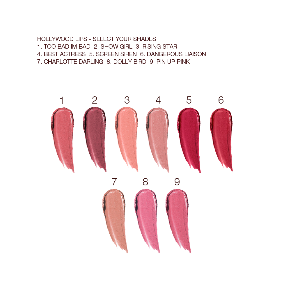 Swatches of nine liquid lipsticks in shades of nude pink, purplish red, nude peach, nude brown-peach, poppy red, peachy red, nude brown. cool-toned pink, and warm pink. 