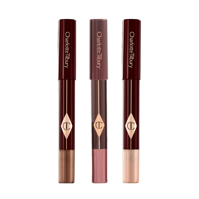 Colour Chameleon Trio Three, chubby eyeshadow sticks in shimmery shades of purple, bronze, and russet rose.