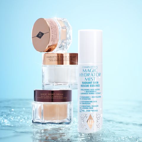 Skincare to pack for your travels including Charlotte's Magic Hydrator Mist and Charlotte's Magic Cream
