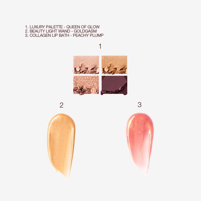 Queen of Glow, Peachy Plump, and Goldgasm Bundle swatches Swatches of four eyeshadows in brown, golden, and light nude shades, a glowy honey-gold liquid highlighter, and a shimmery, peachy-pink lip gloss.