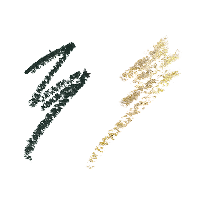 Swatches of two, matte and metallic eyeliners in dark green and khaki. 