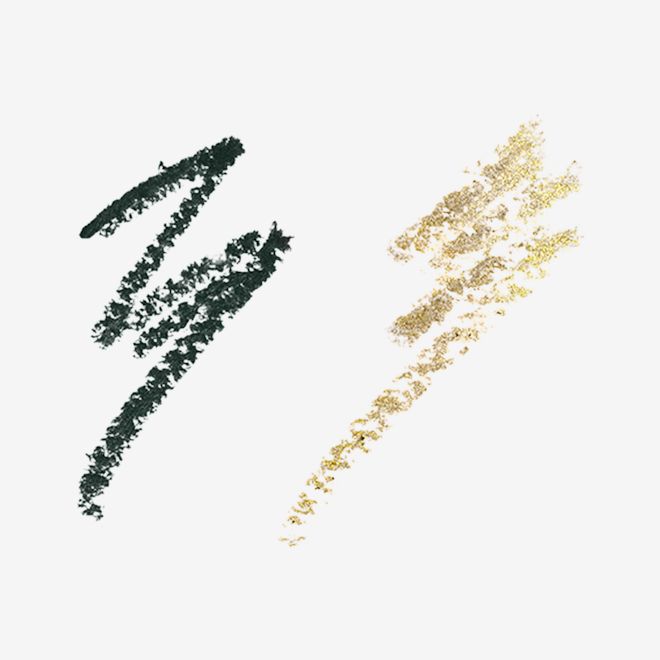 Eye Colour Magic Liner Duo in Green Lights swatches Swatches of two, matte and metallic eyeliners in dark green and khaki.