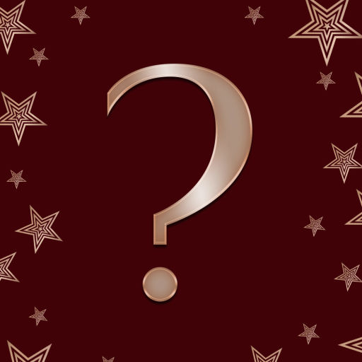 An eggplant-coloured banner with stars all around and a gold-coloured question mark in the middle. 