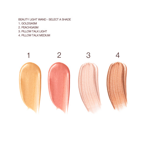 Swatches of four liquid highlighters and liquid highlighter blushes in medium-pink, honey gold, pale pink, and bronze-gold. 