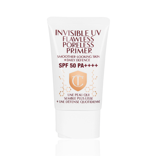 A primer in a white-coloured tube with a white-coloured lid with text on it that reads, 'invisible UV Flawless poreless primer SPF 50 PA++++'.