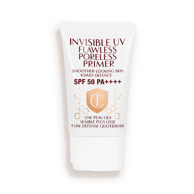 Invisible UV Flawless Poreless Primer closed A primer in a white-coloured tube with a white-coloured lid with text on it that reads, 'invisible UV Flawless poreless primer SPF 50 PA++++'.