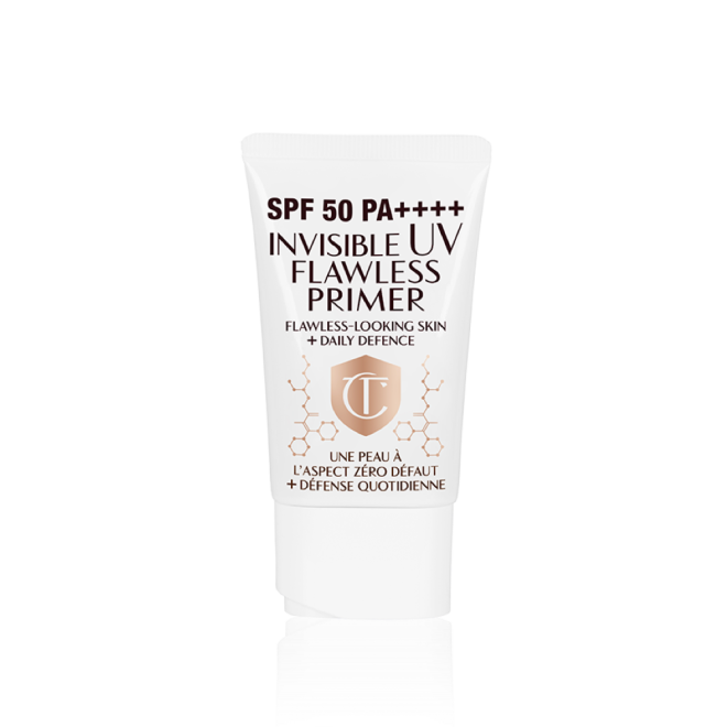 A primer in a white-coloured tube with a white-coloured lid with text on it that reads, 'invisible UV Flawless poreless primer SPF 50 PA++++'.