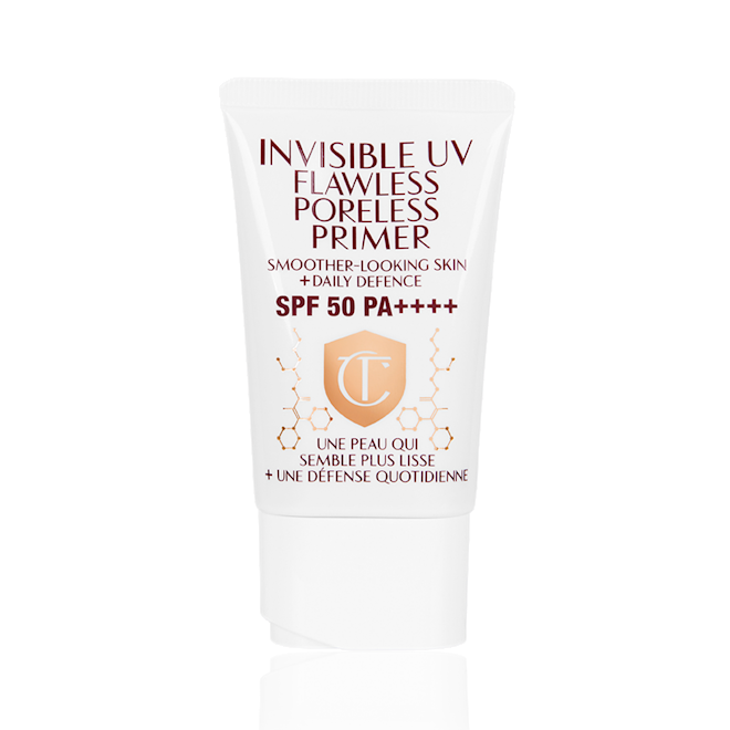 Invisible UV Flawless Poreless Primer closed A primer in a white-coloured tube with a white-coloured lid with text on it that reads, 'invisible UV Flawless poreless primer SPF 50 PA++++'.