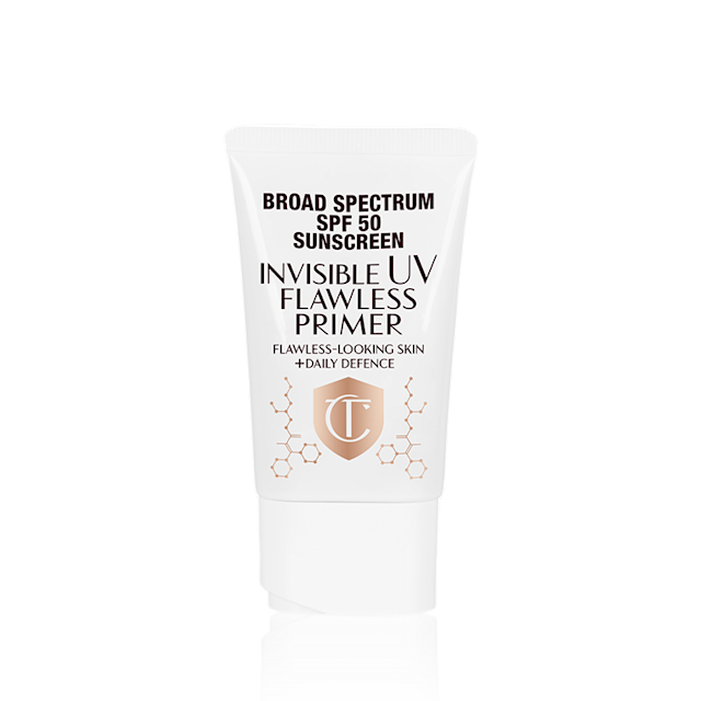 A primer in a white-coloured tube with a white-coloured lid with text on it that reads, 'invisible UV Flawless poreless primer SPF 50 PA++++'.