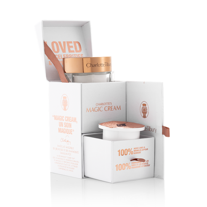 Magic Cream with refill bundle packed Pearly-white cream in a glass jar with a gold-coloured lid in its packaging box along with its refill in a white-coloured pot with an easy-to-peel-off cover, also in the same box.