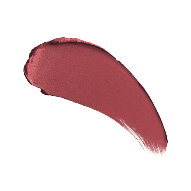 Swatch of a pigmented, berry-pink, matte yet creamy-looking lipstick. 