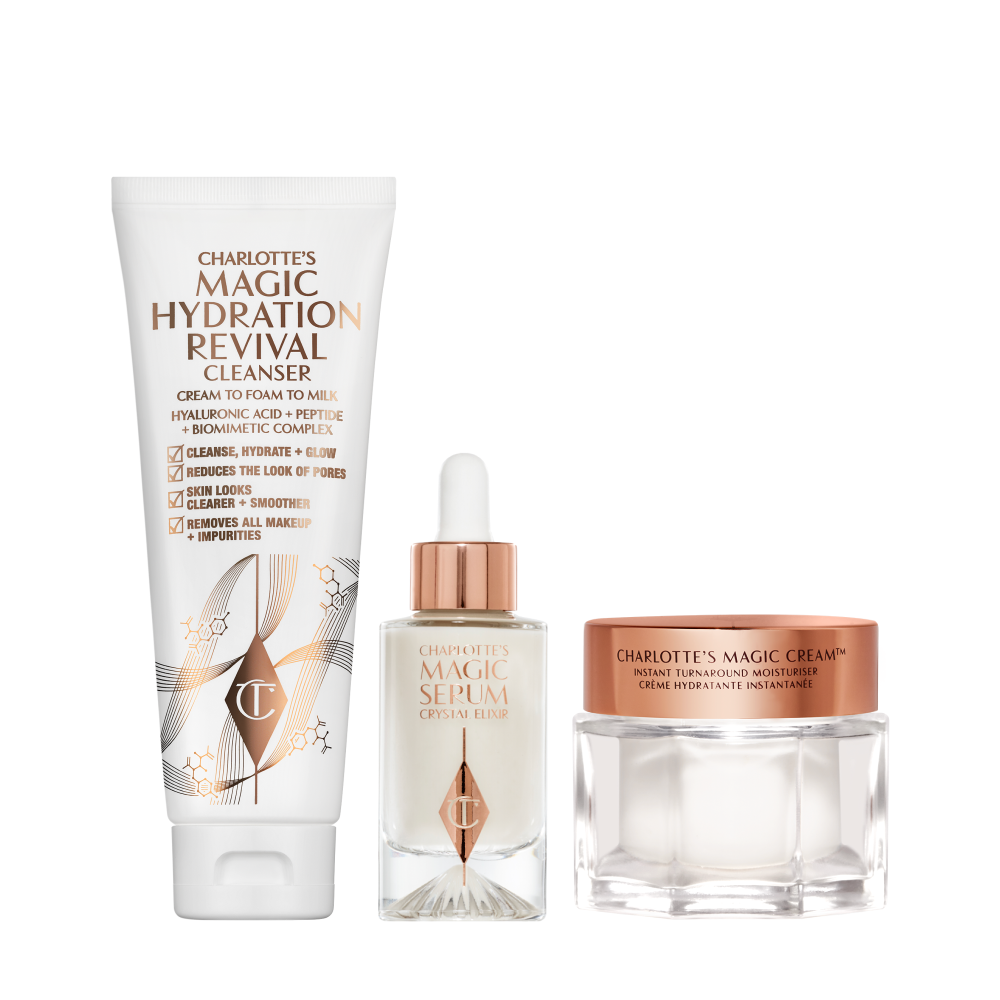 Charlotte's 3-step Magic Skin Routine: Cleanser, Serum & Moisturiser