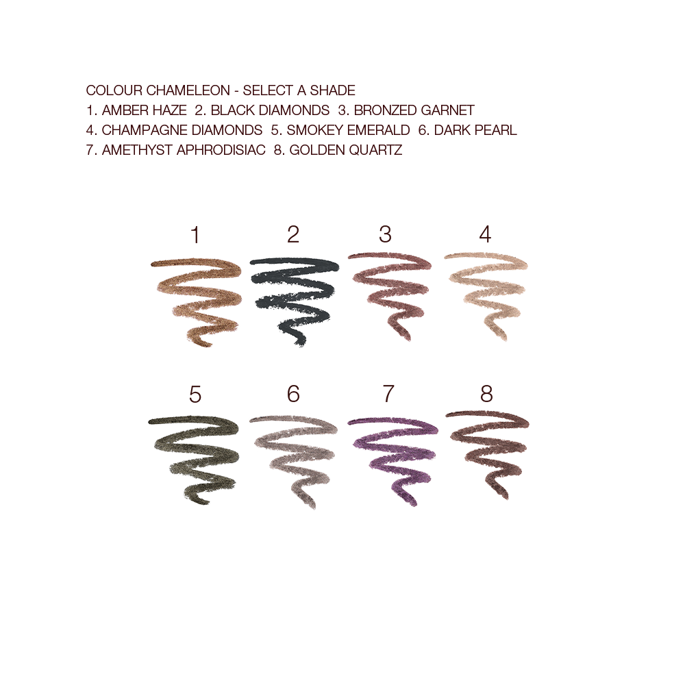 Shimmery eyeshadow swatches in golden, brown, purple, green, copper, grey, black, and fawn colours.