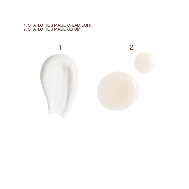 Swatches of a thick, pearly-white face cream and an ivory-colour luminous serum. 