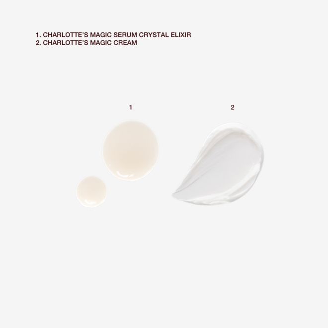 Revitalising Mini Skincare Kit swatches Swatches of a beige-coloured watery facial serum and thick and luscious face cream.