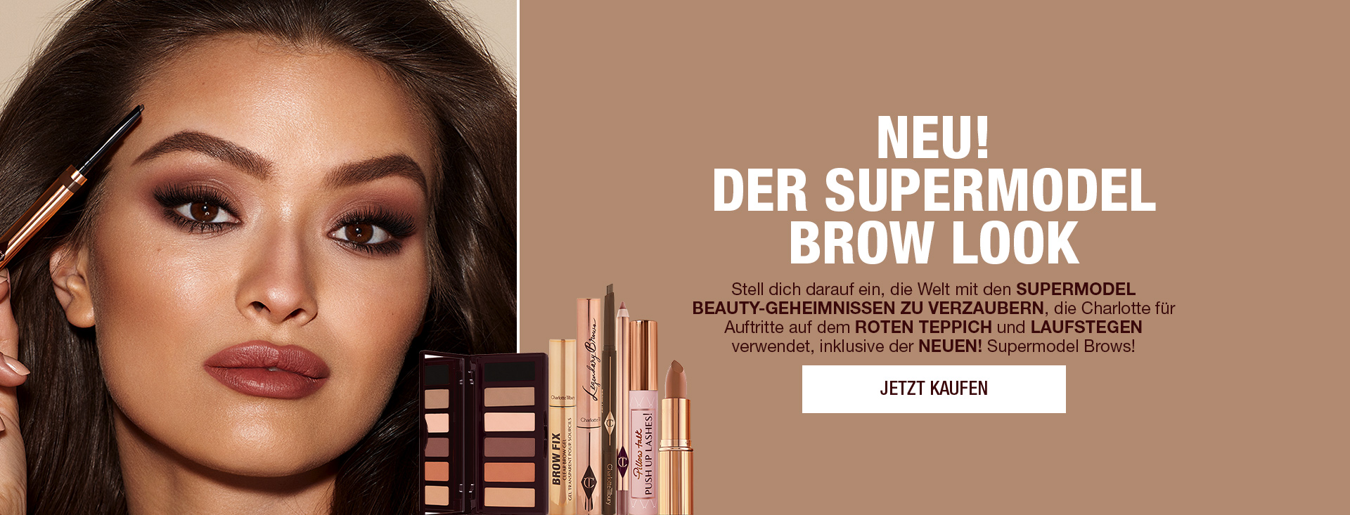 GIF with a medium-tone model with brown eyes filling in her eyebrows along with text that reads, 'New! The supermodel brow look. Shop now'