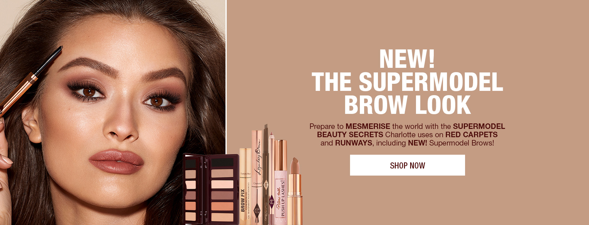GIF with a medium-tone model with brown eyes filling in her eyebrows along with text that reads, 'New! The supermodel brow look. Shop now'