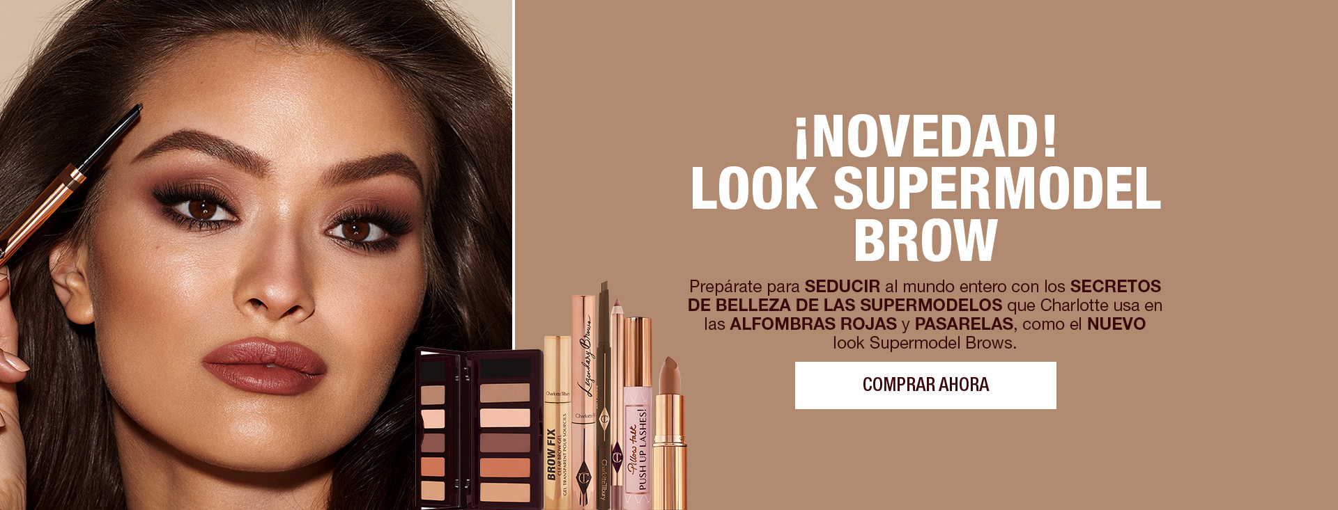 GIF with a medium-tone model with brown eyes filling in her eyebrows along with text that reads, 'New! The supermodel brow look. Shop now'