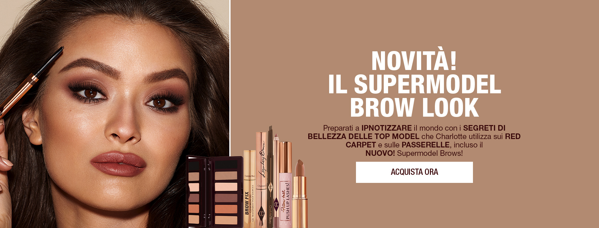 GIF with a medium-tone model with brown eyes filling in her eyebrows along with text that reads, 'New! The supermodel brow look. Shop now'