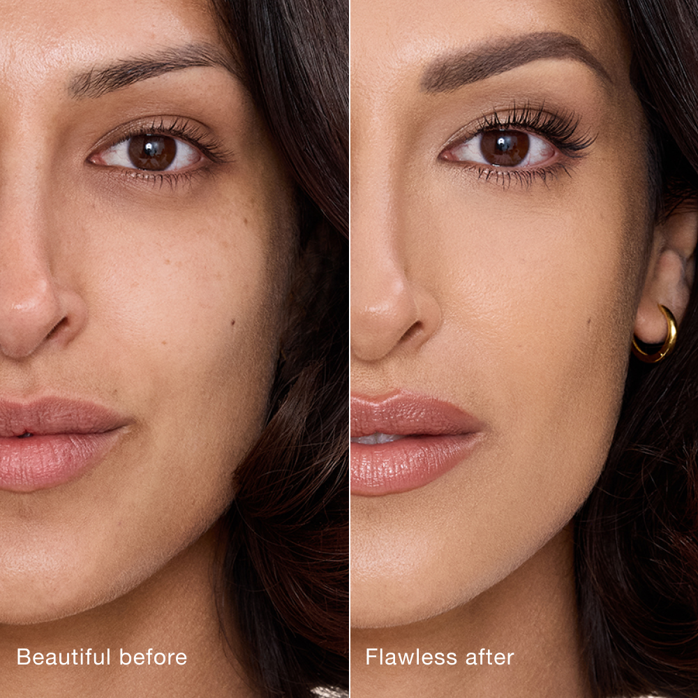Side-by-side comparison showing skin before and after applying Charlotte Tilbury Airbrush Flawless Concealer, with text labels 'Beautiful before' and 'Flawless after'.

