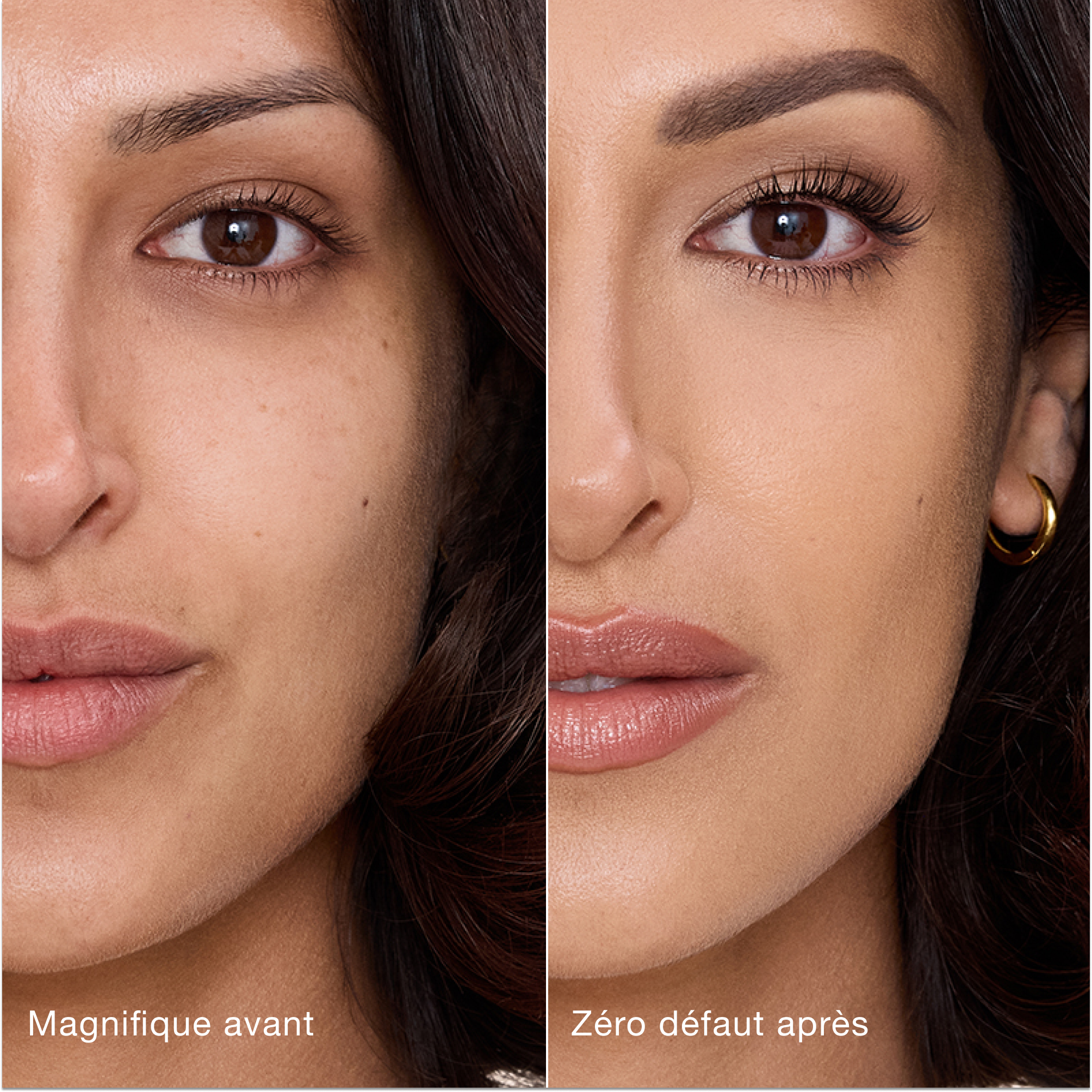 Comparaison côte à côte de la peau avant et après l'application de l'Airbrush Flawless Concealer de Charlotte Tilbury, avec les étiquettes de texte « Magnifique avant » et « Zéro défaut après ».

