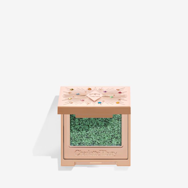 Hypnotising Pop Shot in Emerald open Single-pan eyeshadow compact with an iridescent emerald green eyeshadow with very fine shimmer.