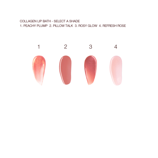 Swatches of four creamy lip glosses with high shine in sheer pink, rose gold, berry pink, and nude pink.