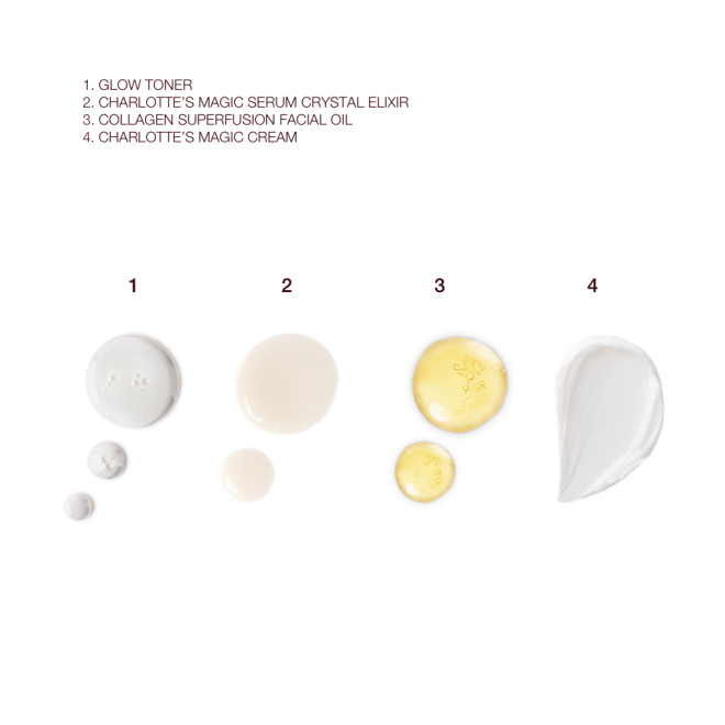 Swatches of a watery, silvery-white toner, ivory-coloured luminous serum, light gold-coloured facial oil, and a pearly-white face cream.