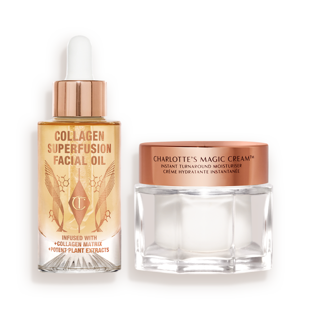 A light-gold-coloured facial oil in a glass bottle with a gold and white-coloured dropper lid with a white and gold-coloured dropper lid and pearly-white face cream in a glass jar with a gold-coloured lid. 