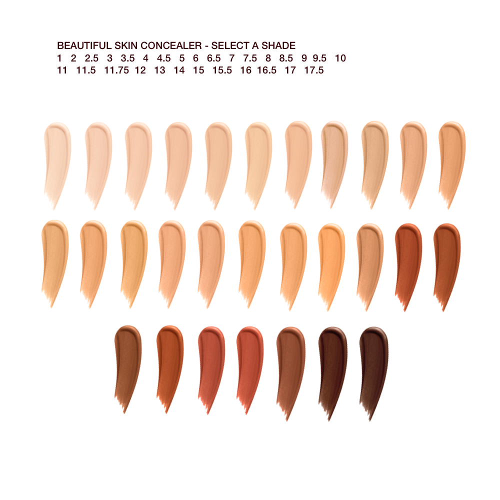 Swatches of twenty-nine, liquid concealers in shades ranging from ivory, beige, and peach to light, medium, and dark brown for fair, light, medium-light, medium, medium-dark, and deep skin tones. 