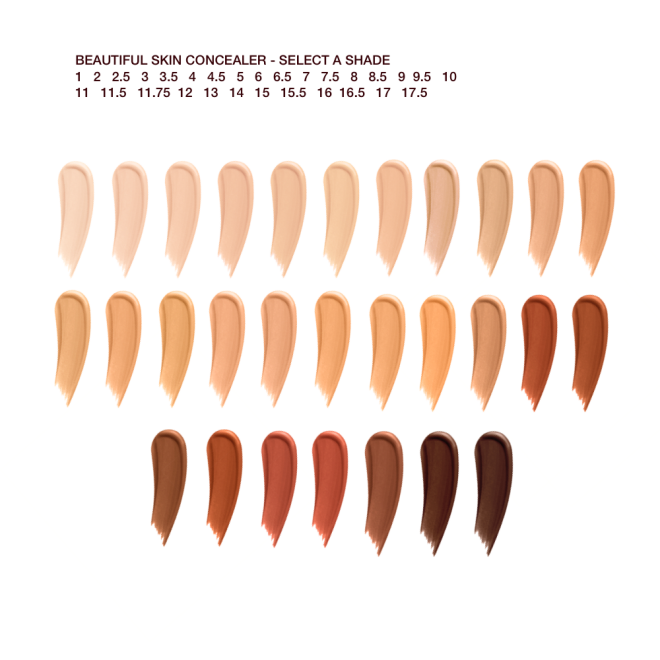 Swatches of twenty-nine, liquid concealers in shades ranging from ivory, beige, and peach to light, medium, and dark brown for fair, light, medium-light, medium, medium-dark, and deep skin tones. 