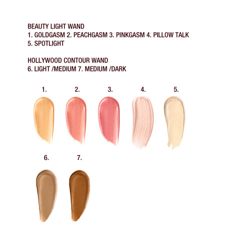 Swatches of fiver liquid highlighters and liquid highlighter blushes in shades of pink and gold and tow liquid contours in shades of brown.