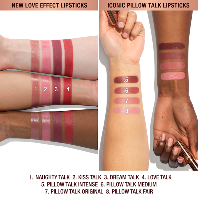 Arm swatches on fair and deep skin models showing Pillow Talk Love Effect Lipsticks and the original Pillow Talk Lipstick shades. Arm swatches on fair and deep skin models showing Pillow Talk Love Effect Lipsticks and the original Pillow Talk Lipstick shades.