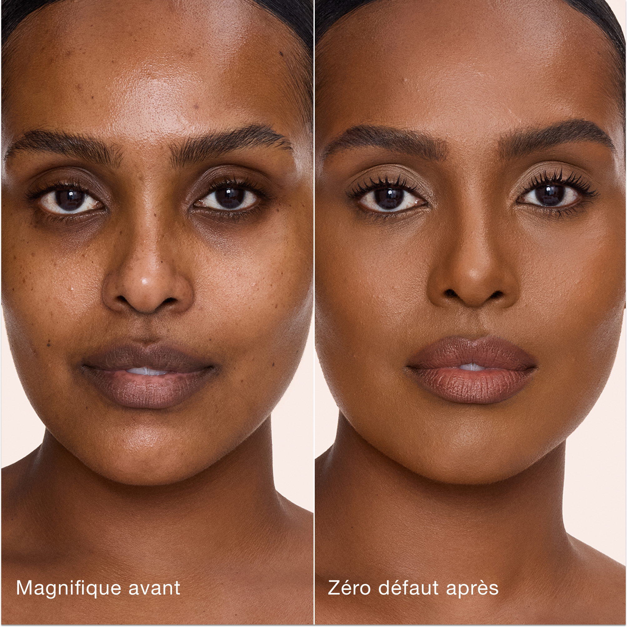 Comparaison côte à côte de la peau avant et après l'application de l'Airbrush Flawless Concealer de Charlotte Tilbury, avec les étiquettes de texte « Magnifique avant » et « Zéro défaut après ».
