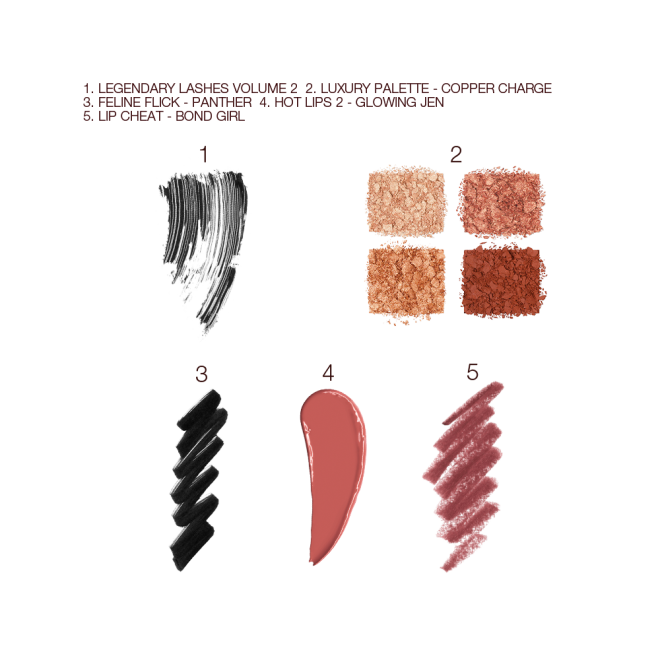 Swatches of a black mascara, four matte and shimmery brown and golden shades, black eyeliner, matte lipstick in terracotta-red with a matching lip liner pencil swatch. 