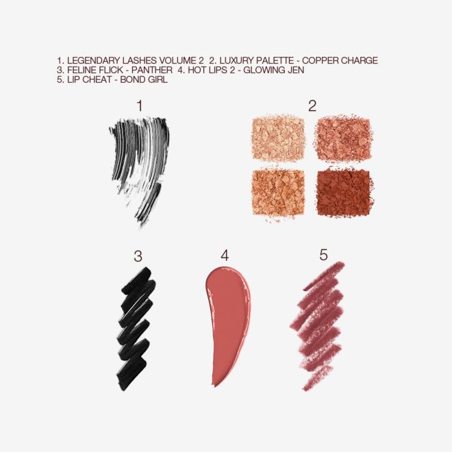 Sofia Tilbury Bundle swatches Swatches of a black mascara, four matte and shimmery brown and golden shades, black eyeliner, matte lipstick in terracotta-red with a matching lip liner pencil swatch.