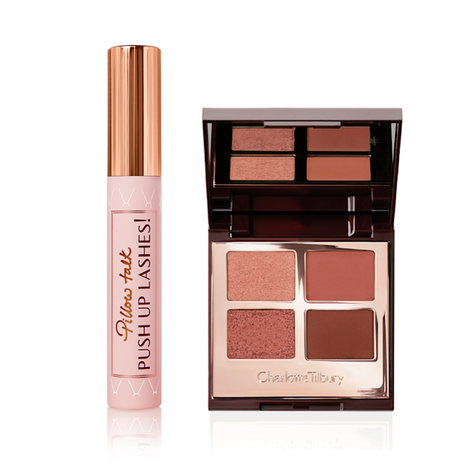 Pillow Talk Push Up Lashes and Luxury Palette in Desert Haze displayed Mascara in pink and gold packaging with a quad eyeshadow palette with matte eyeshadows in shades of brown.