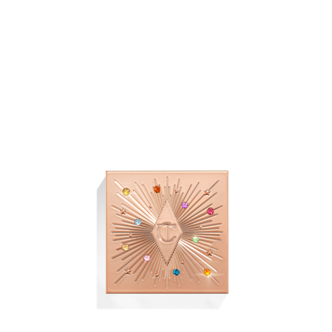 Hypnotising Pop Shot closed A closed, one-pan eyeshadow compact in light golden colour with colourful stones all over the lid.