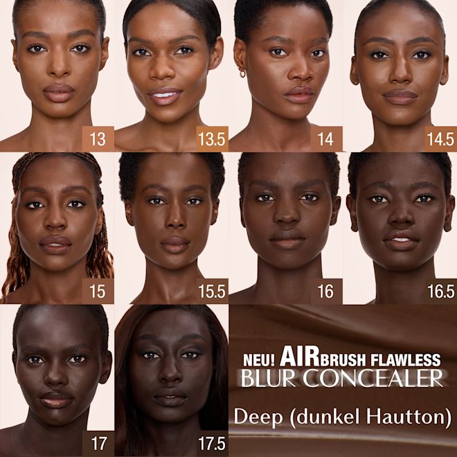 Airbrush Flawless Concealer − Farbfamilie Deep Charlotte Tilbury Airbrush Flawless Blur Concealer Farbpalette für Deep-Farbtöne, die acht Farben mit der Aufschrift 13, 13.5, 14, 14.5, 15, 15.5, 16, 16.5, 17 und 17.5 sowie Produktnamen und Text für die Deep-Kategorie enthält.