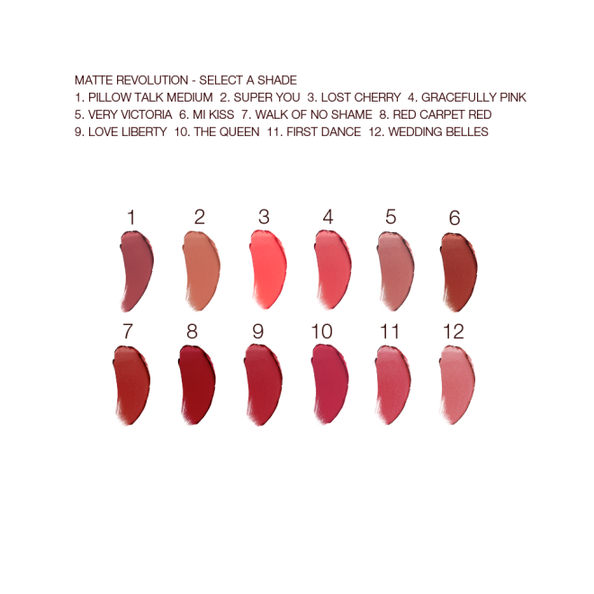 Swatches of twelve lipsticks with a matte finish in shades of red, brown, peach, orange, pink, and purple. 