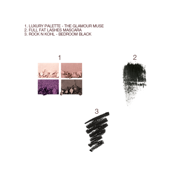 Glamour Muse Eye Kit swatches Swatches of four eyeshadows in purple, cream, fawn, and grey, black eyeliner, and black mascara.